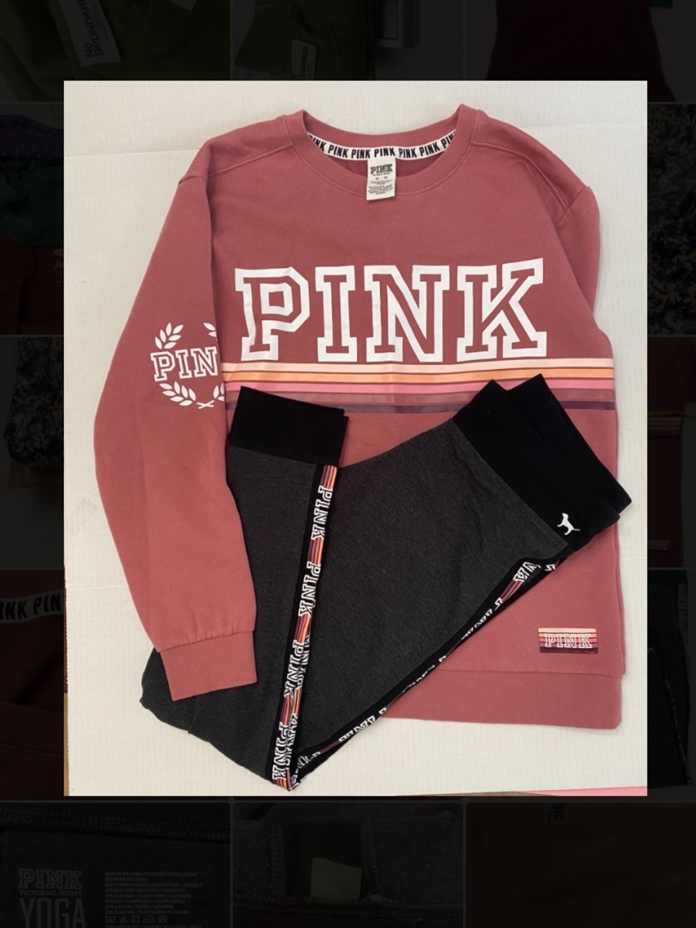 2016 PINK desert rose Sweatshirt & grey Yoga cuffed leggings with logo stripes